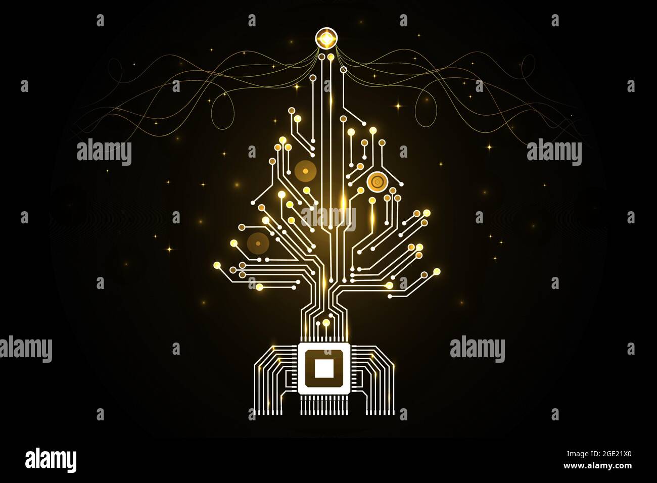Christmas tree from digital electronic circuit. Abstract lighting motherboard microchip. Vector illustration Stock Vector