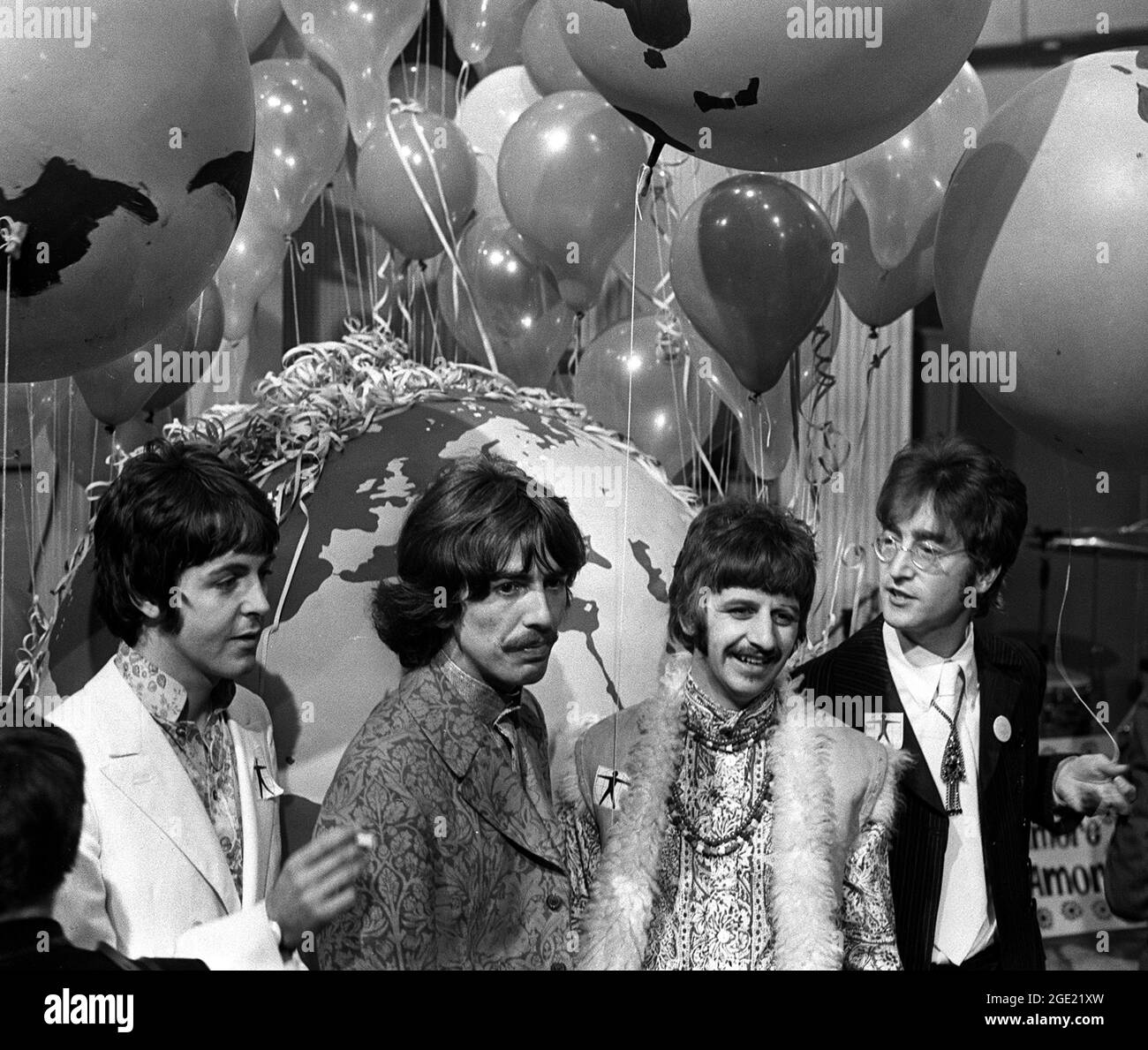 File photo dated 24/06/67 of the Beatles (L-R) Paul McCartney, George Harrison, Ringo Starr and John Lennon during rehearsals for their appearance in the international television programme 'Our World' at the EMI Studios, St. John's Wood, London. A classical statue which featured in a historic performance by the Beatles is set to go on sale at auction in Liverpool on Saturday August 28. Issue date: Monday August 16, 2021. Stock Photo