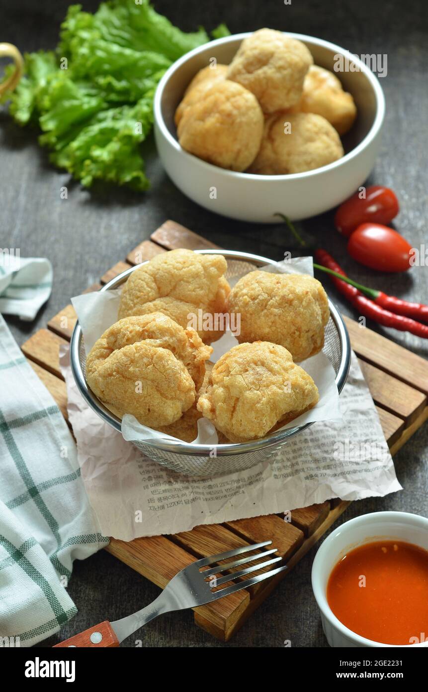 Fried meatballs with ingredients on the table, Indonesian street food