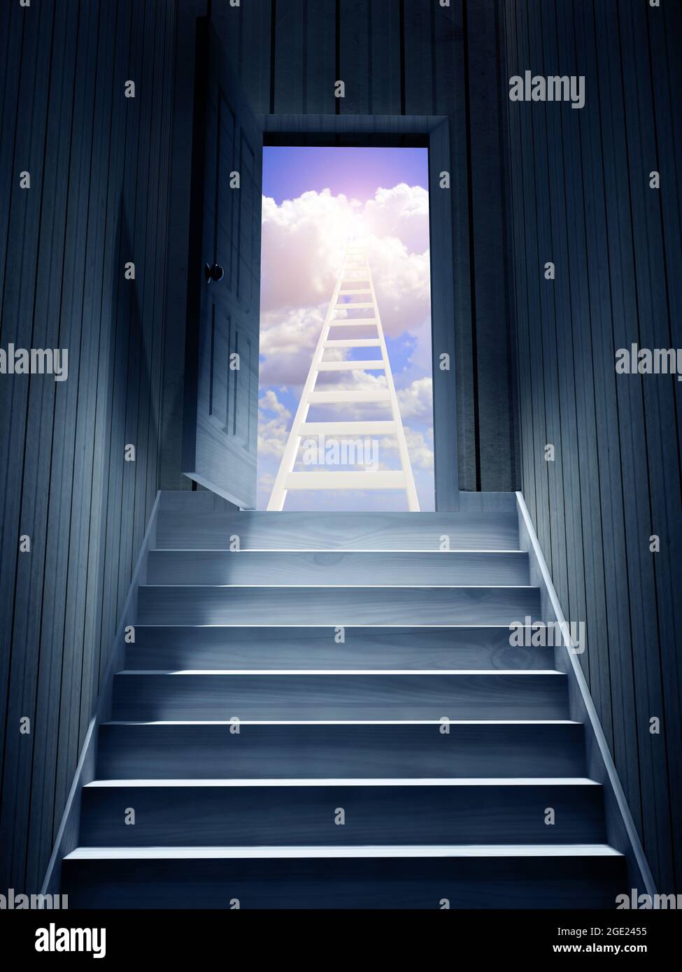 Hope and spirituality concept. Steps leading from a dark basement to open the door. Blue sky with clouds and ladder to sky visible through an open doo Stock Photo