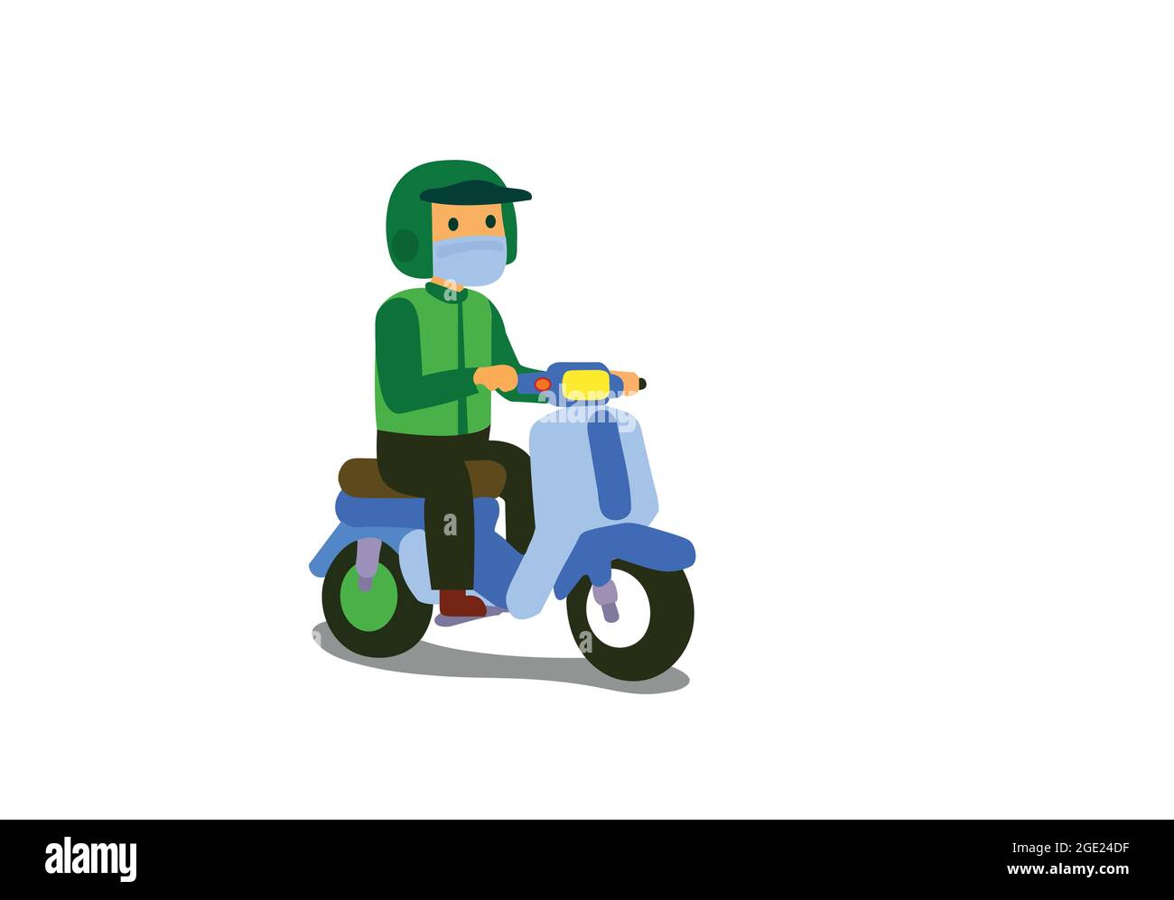 Man riding moped on road. Delivery boy with nose mask. Stock Vector