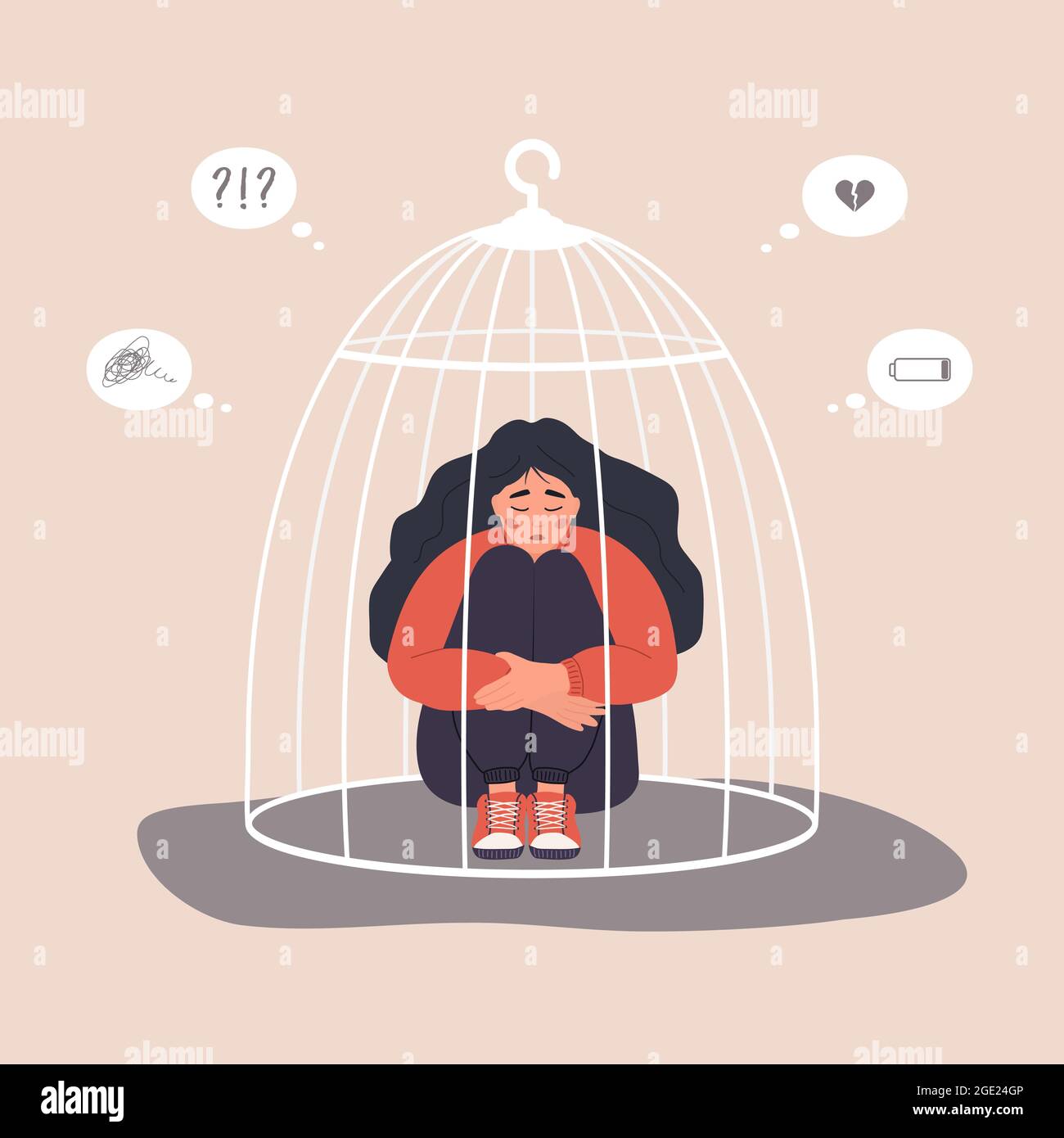 Woman locked in cage. Unhappy female character sitting on floor and hugging knees. Female empowerment movement. Vector illustration in cartoon style Stock Vector