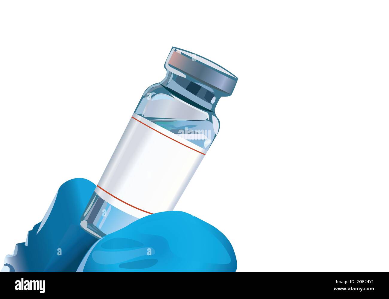 Doctor's Hand in blue gloves holding the vial with vaccine or drug.. Vaccination concept vector. Stock Vector