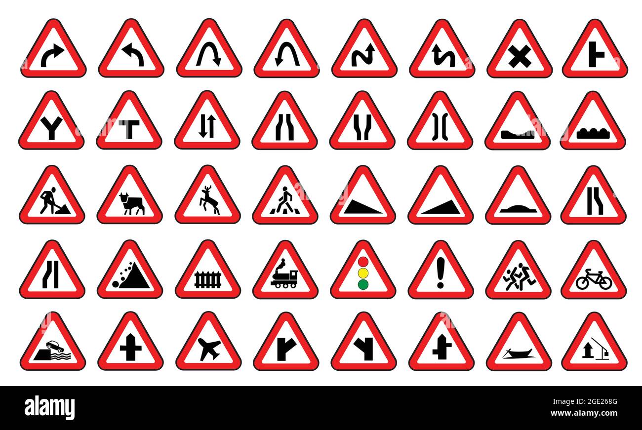 Set of road safety signs. Warning road transport symbol vector collection. Stock Vector