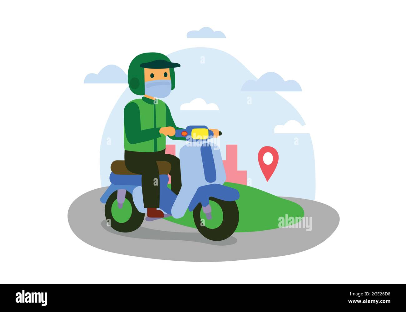 Man wearing nose mask and  travelling on scooter or moped. Delivery boy in modern city vector. Stock Vector