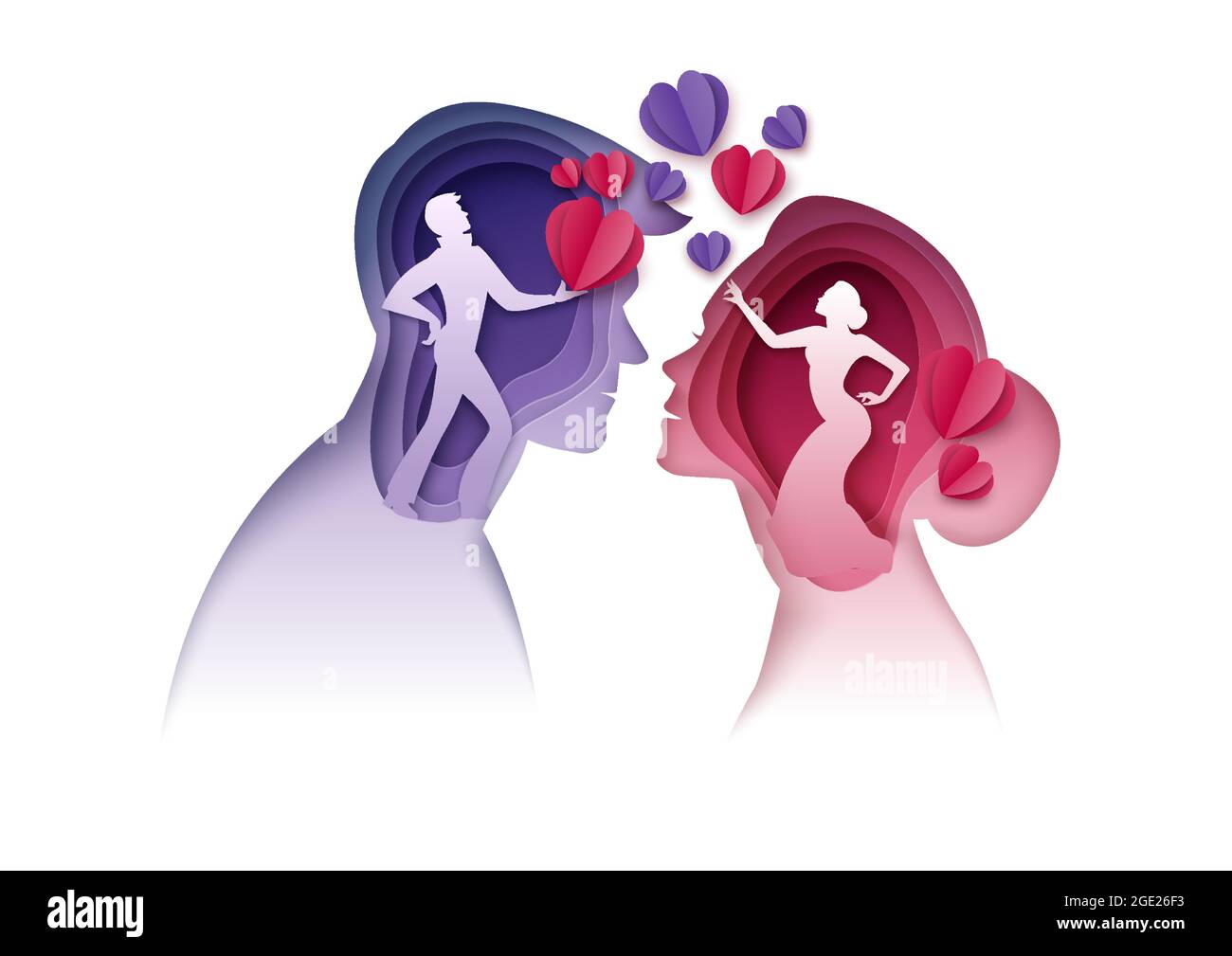 Man and woman looking at each other giving hearts, vector paper cut ...