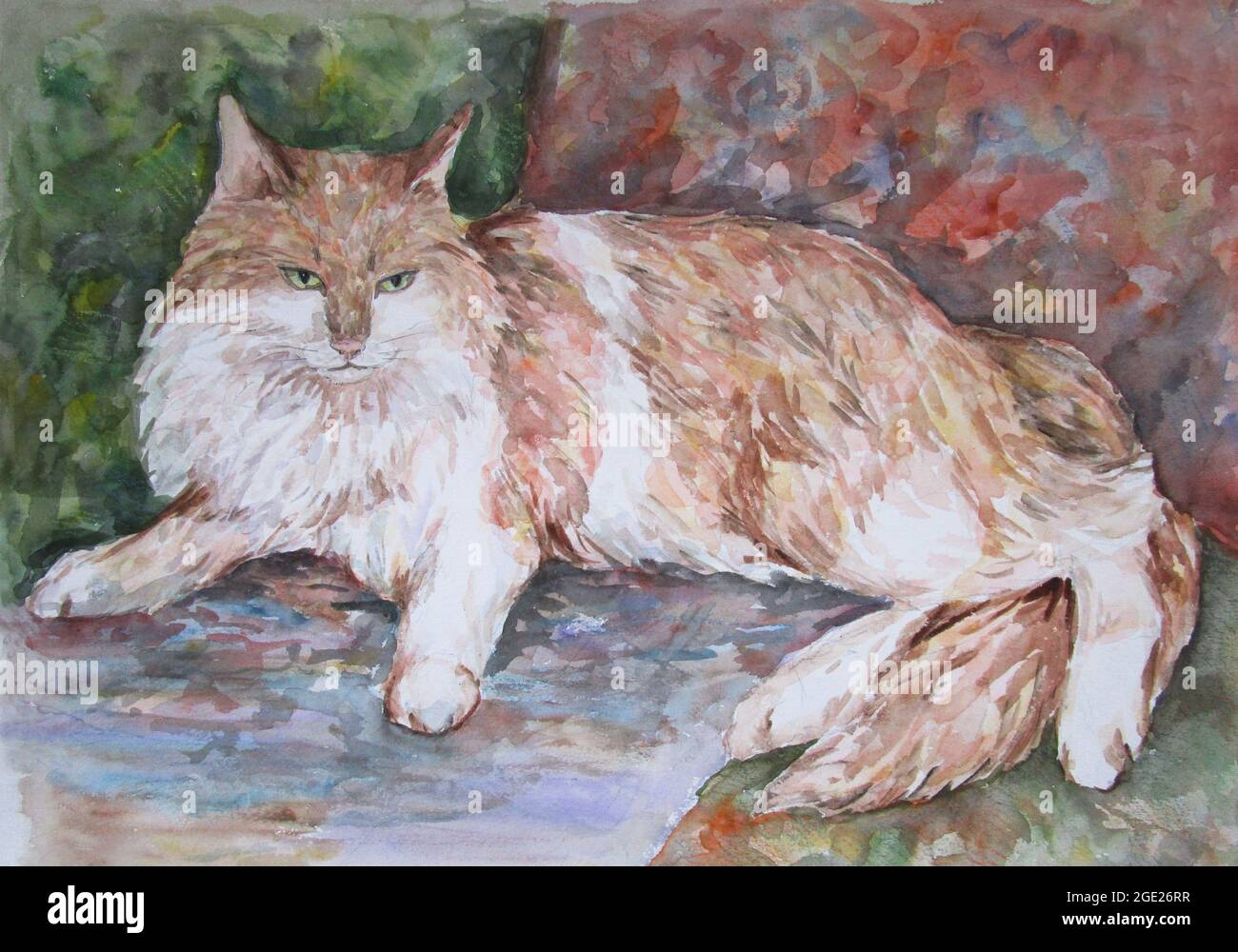 Beautiful beuge cat lying on a sofa, watercolor art Stock Photo