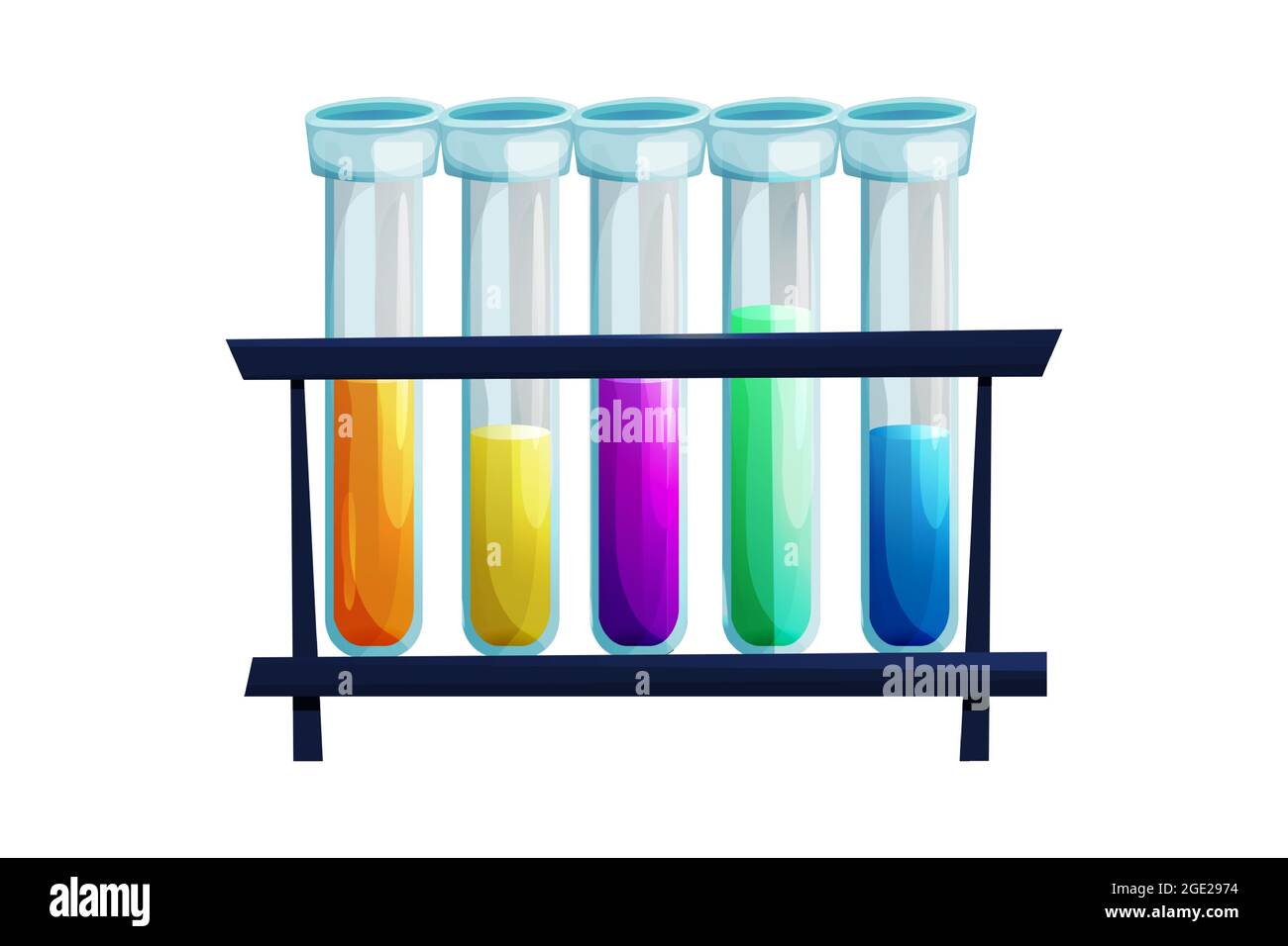 Test tubes, glass bottles with liquid in different colors in cartoon style isolated on white background. Lab, chemistry element, science equipment. Vector illustration Stock Vector