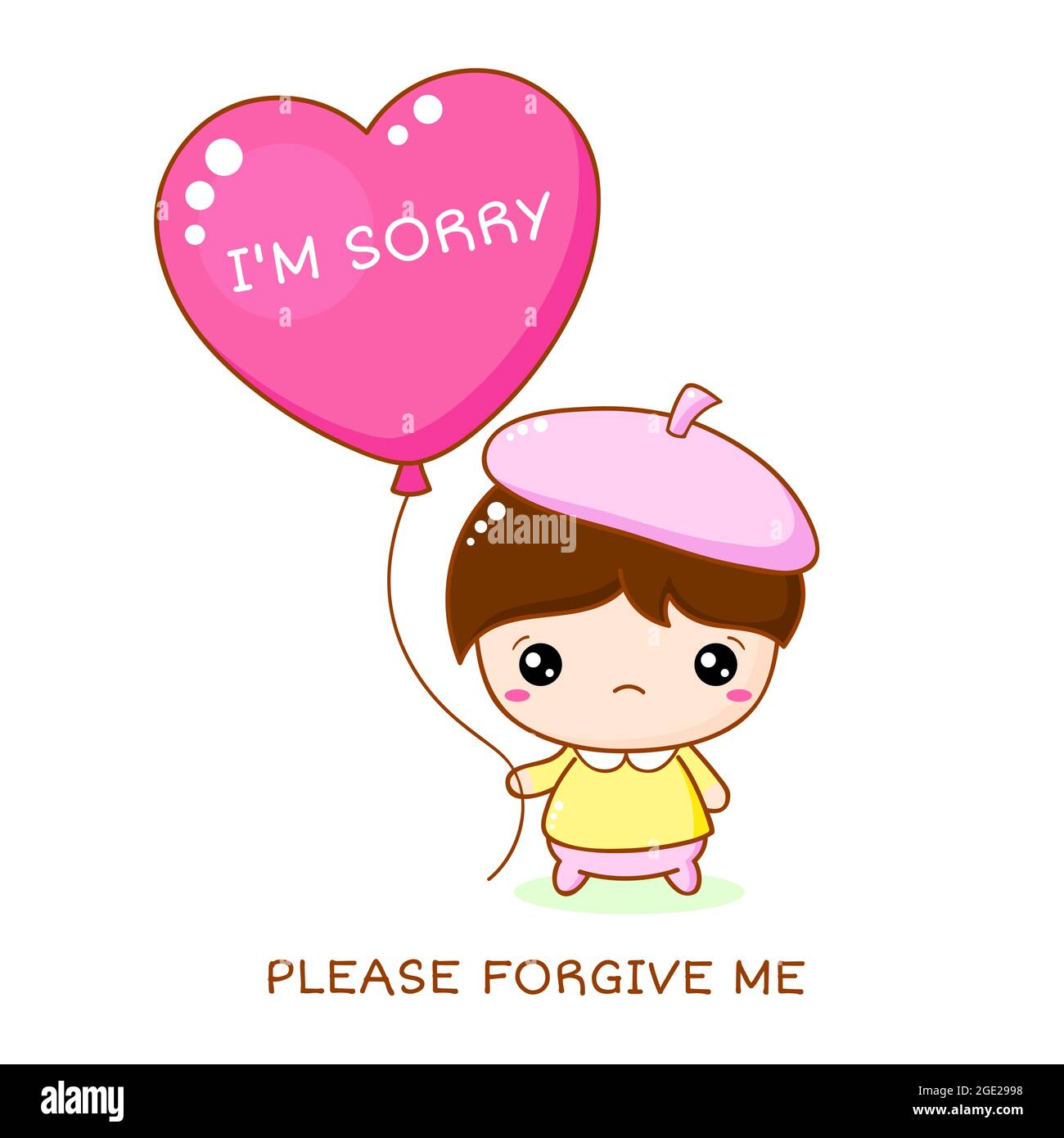 Apologize card. Sadness kawaii little boy with red heart shaped ...