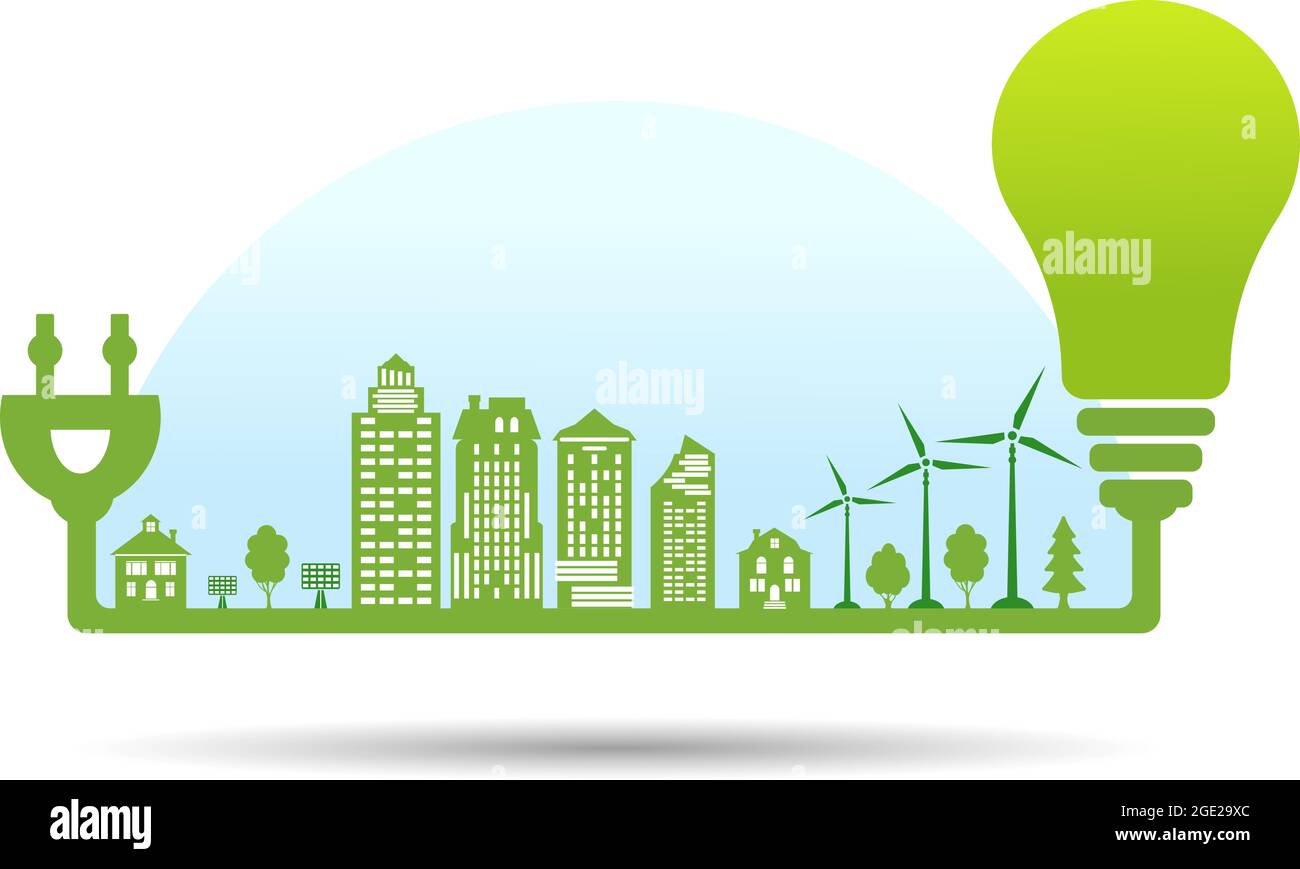 Silhouette green city with renewable energy sources. Ecological city under the dome of blue sky. Concept of electric bulb for save energy. Vector. Stock Vector
