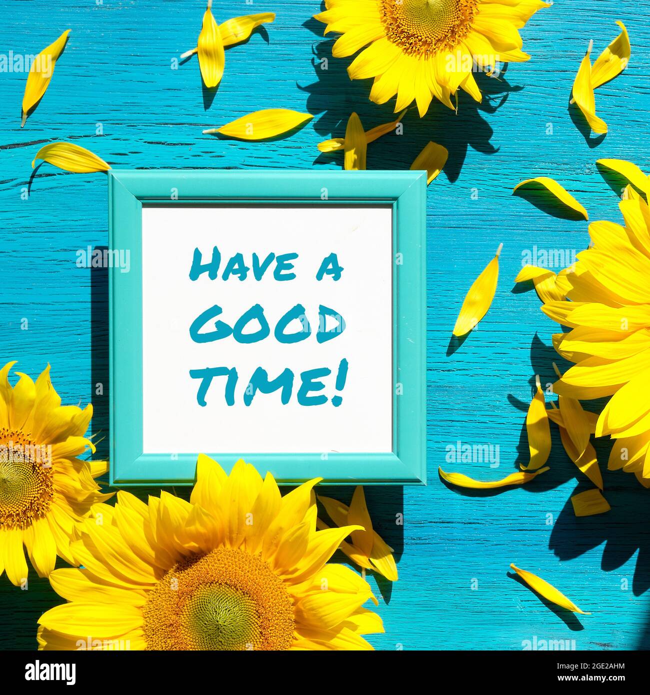 Text Have a Good Time in square white frame. Yellow sunflower flowers and petals scattered on vibrant textured turquoise wooden background. Bold Stock Photo