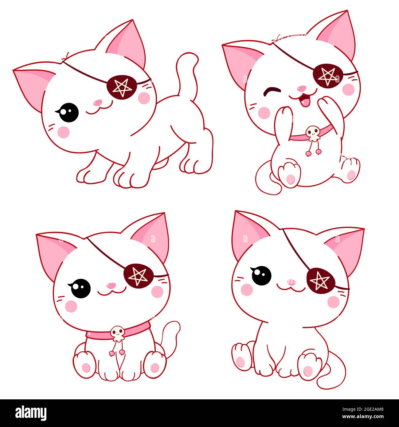 Halloween collection of kawaii cats with eye patches. Set of cute white demonic kittens. Vector illustration EPS8 Stock Vector