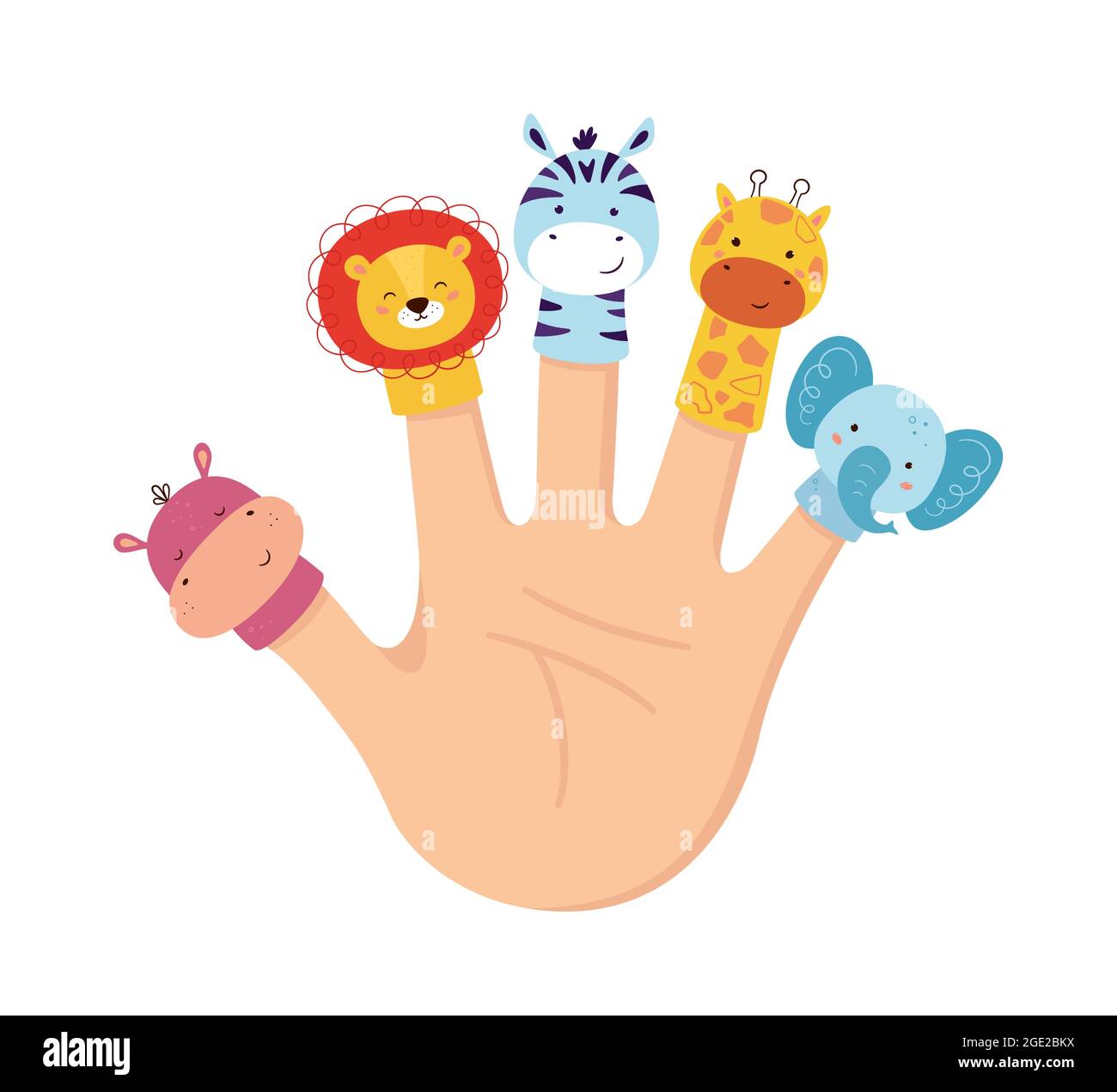 Hand animal puppets. Children finger theater. Family leisure. Lion, Hippo, giraffe, zebra and Elephant dolls. Vector illustration isolated on white Stock Vector