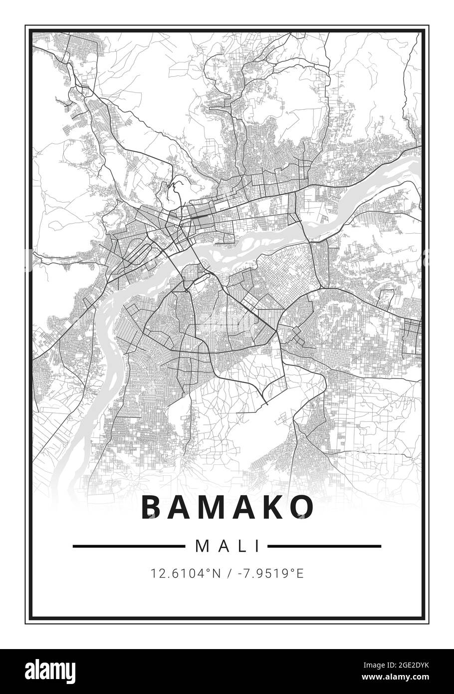 Street map art of Bamako city in Mali - Africa Stock Photo
