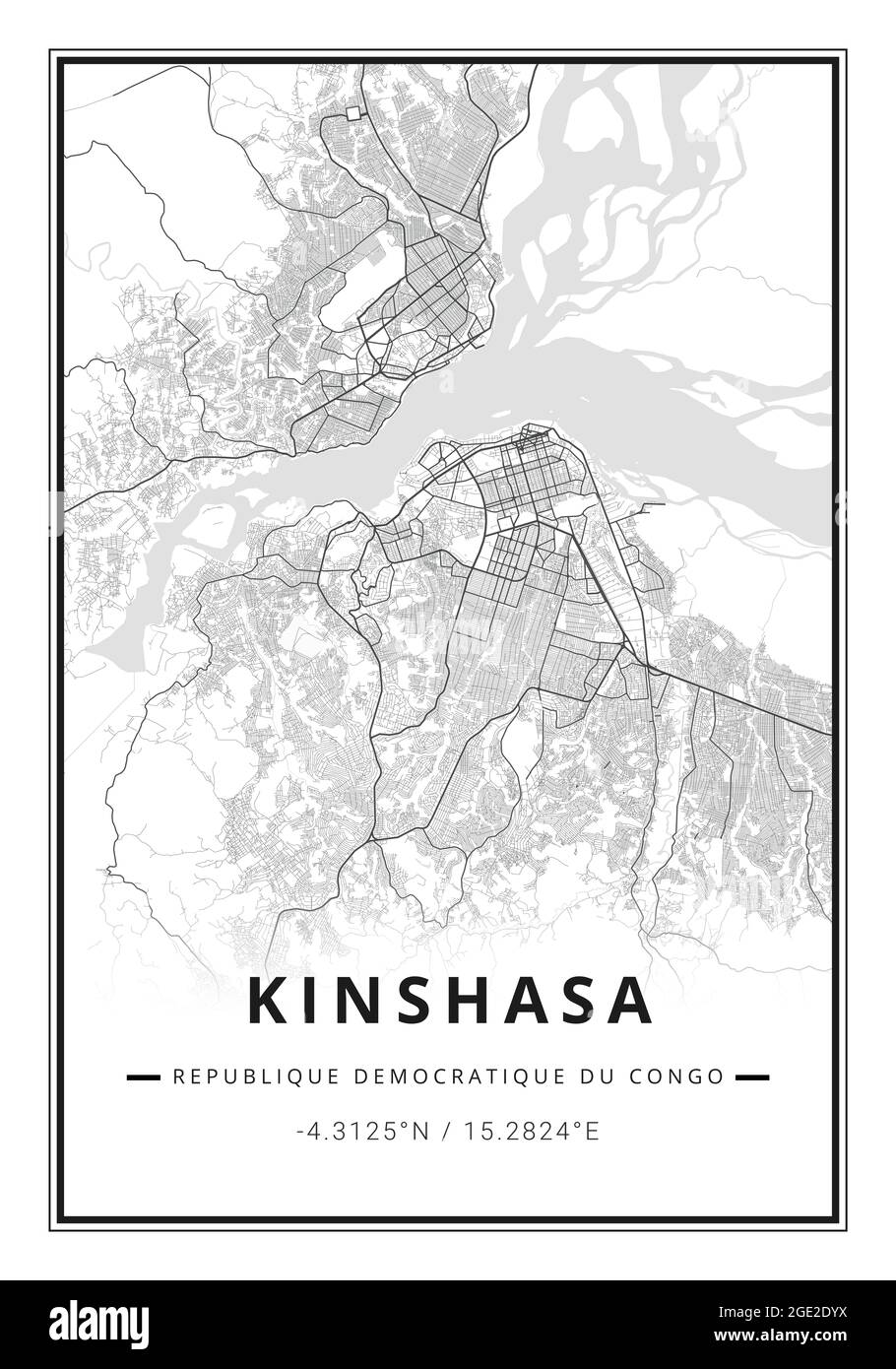 Street map art of Kinshasa city in Congo RDC - Africa Stock Photo