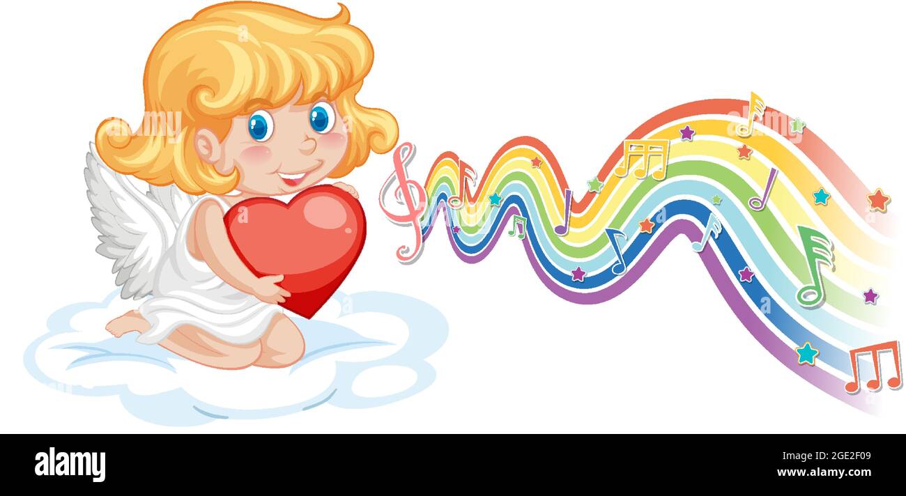Cupid girl holding heart with melody symbols on rainbow wave ...
