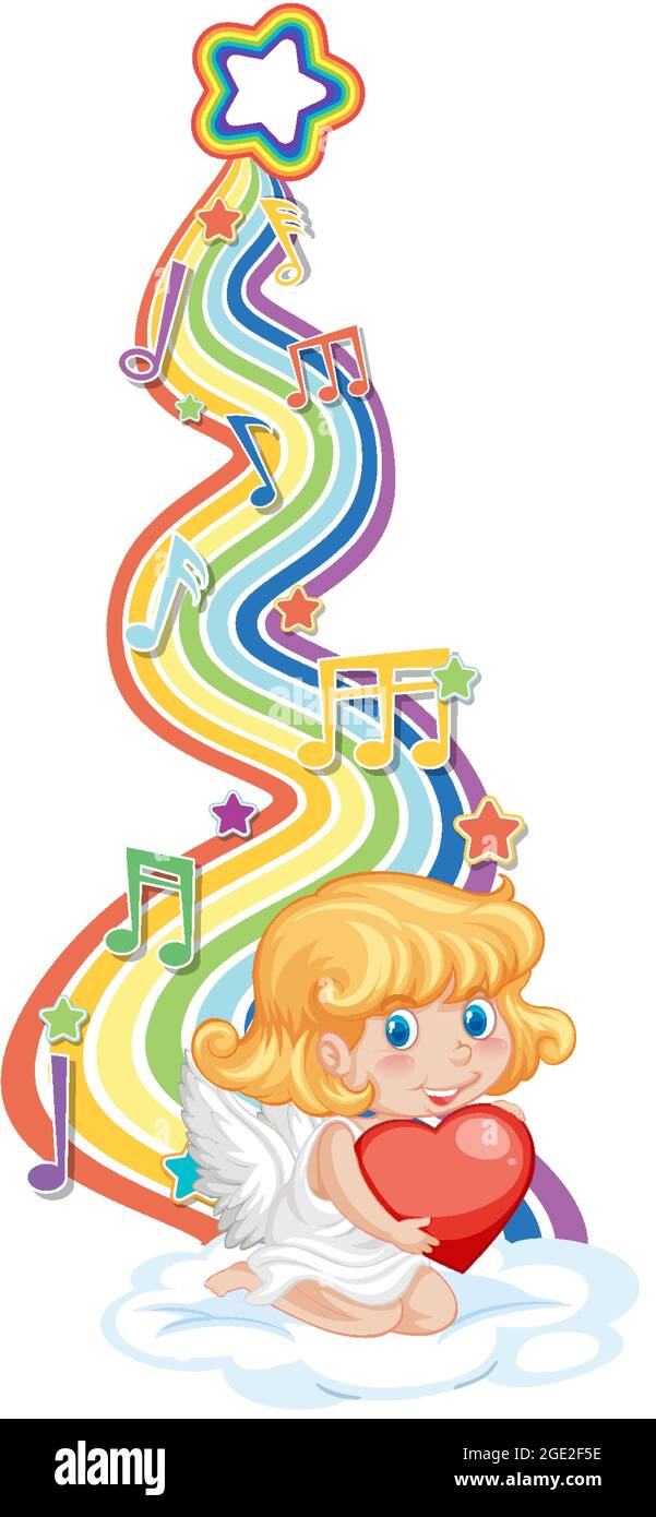 Cupid girl with melody symbols on rainbow wave illustration Stock ...
