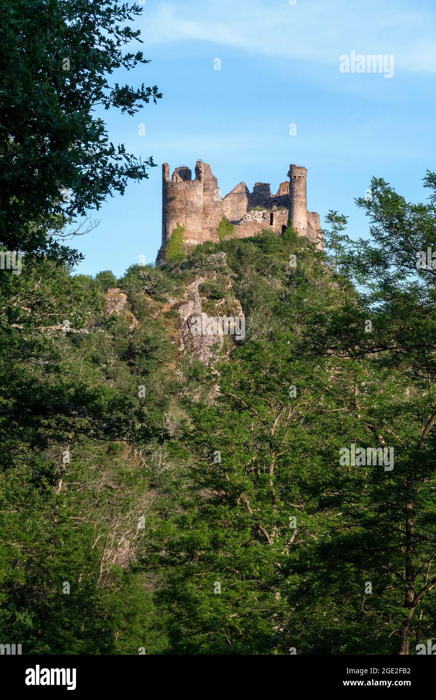 Chateau-Rocher, a ruined medieval castle overlooking the Sioule valley, Puy de Dome department, Auvergne-Rhone-Alpes, France, Europe Stock Photo