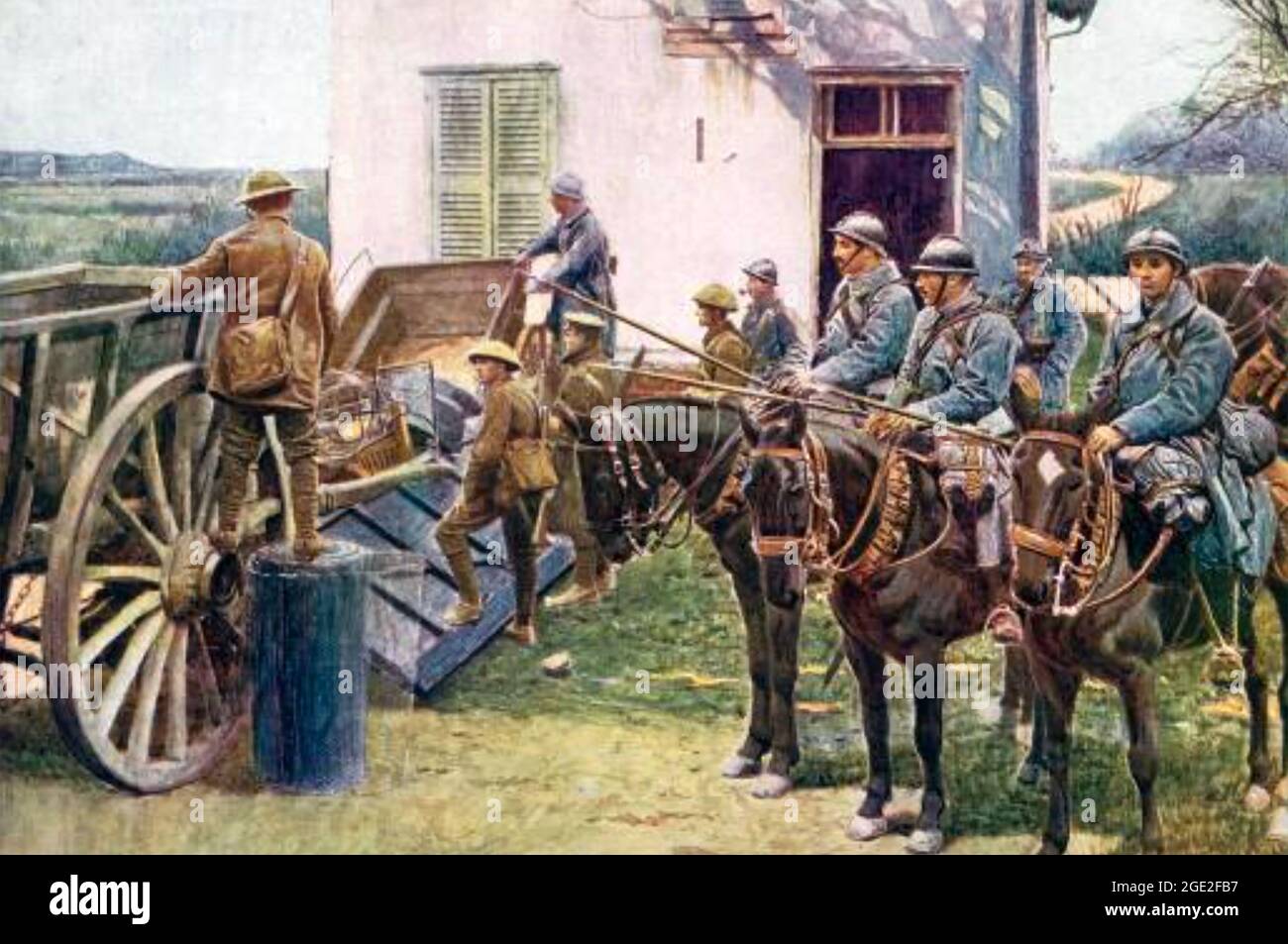 ANGLO-FRENCH OUTPOST in WW1. French cavalry wait behind a farm cart arricade built by British soldiers. Stock Photo