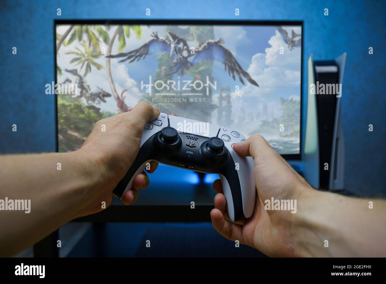 Horizon Forbidden West video game on new generation Sony Playstation 5  video console. Point of view shot Stock Photo - Alamy