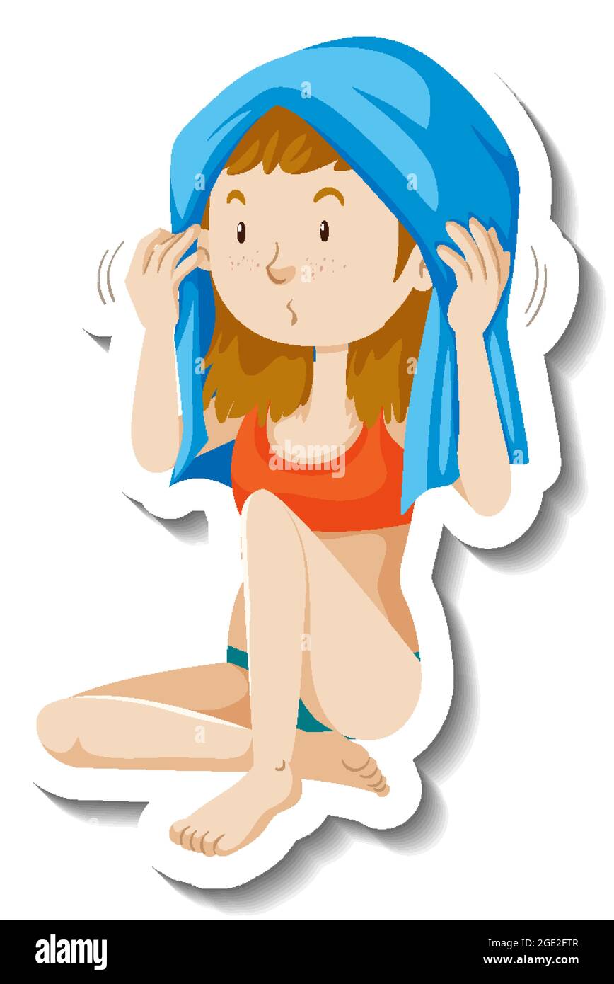 Girl drying her hair with a towel cartoon character sticker