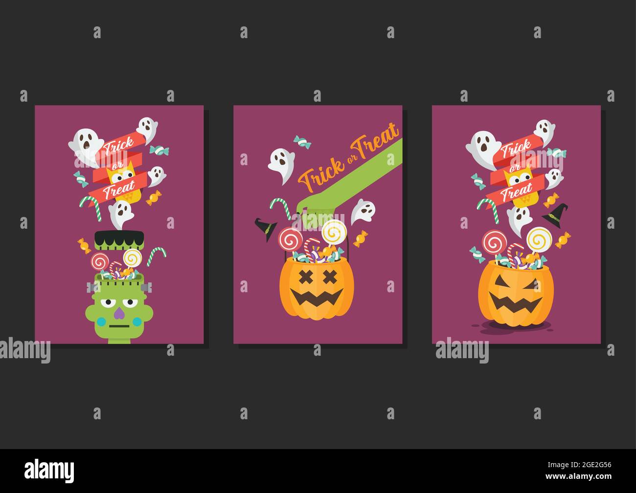 Halloween Trick or Treat Poster Collection. Flat style vector illustration. Stock Vector