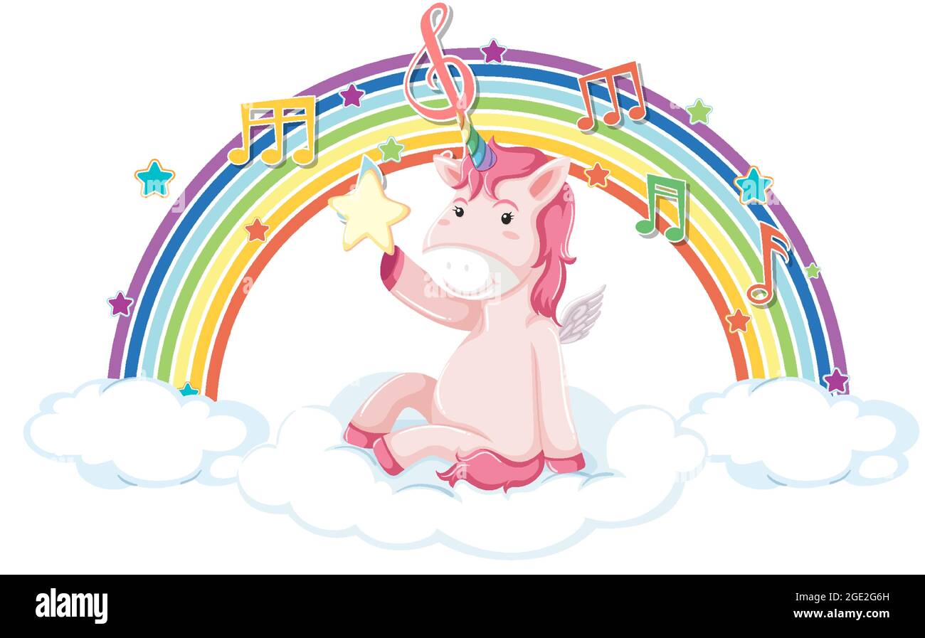 Unicorn sitting on cloud with rainbow and melody symbol illustration ...
