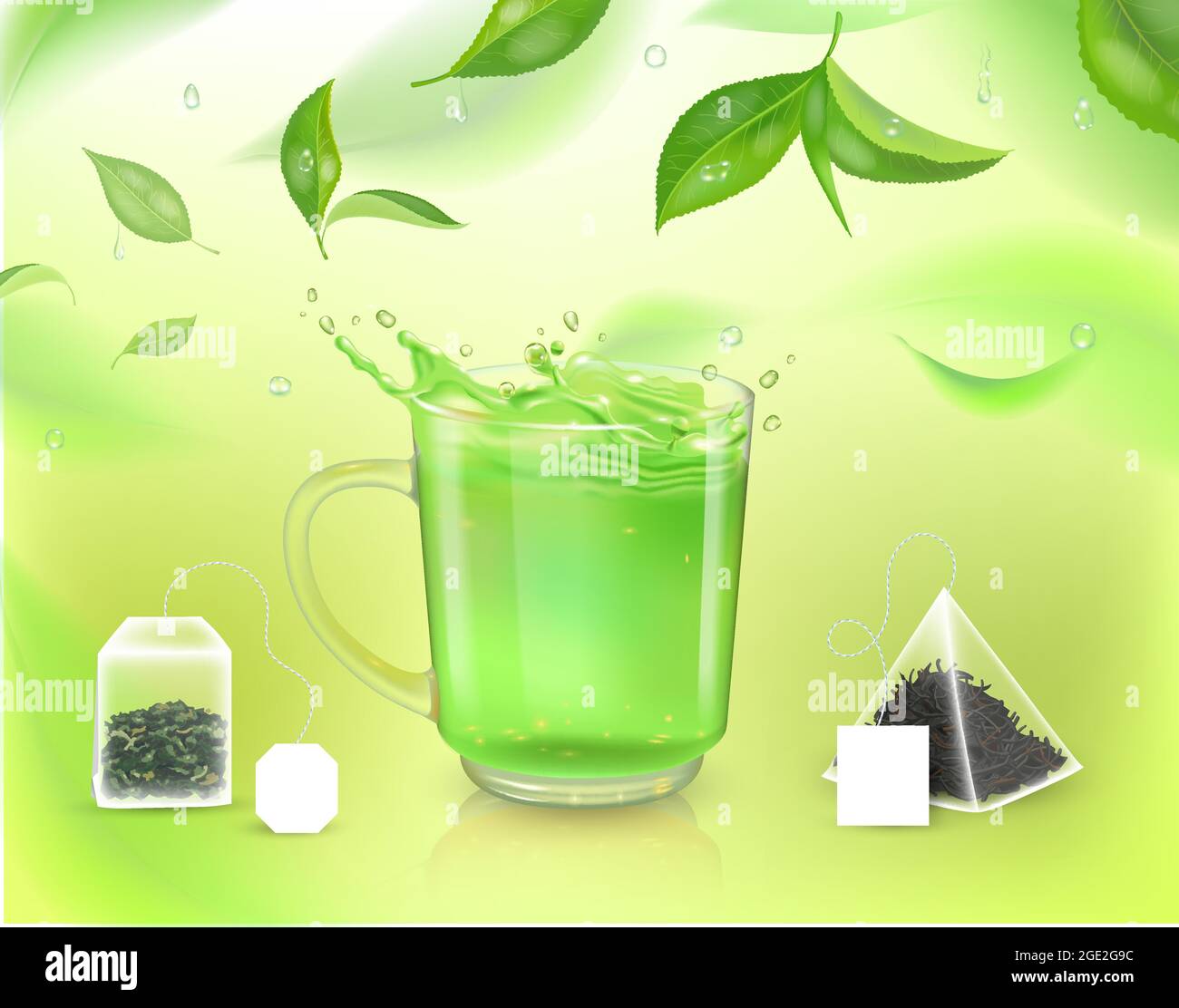 Realistic cup with green tea and tea bags and leaves. Design element
