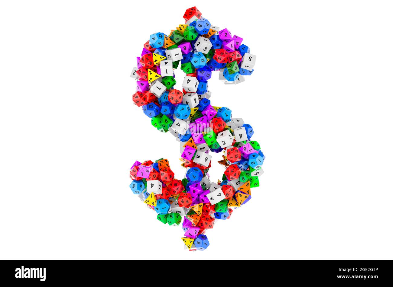 Dollar from colored roleplaying dice. 3D rendering isolated on white