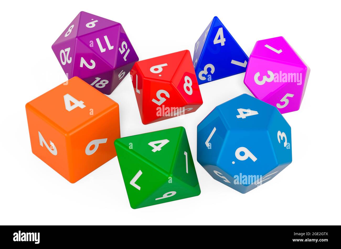 Set of colored roleplaying dice in various colors. 3D rendering