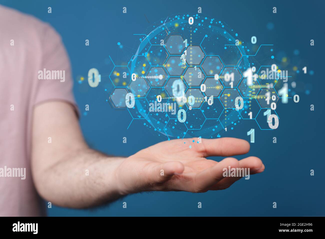 Person presenting the virtual projection of data cloud storage network Stock Photo