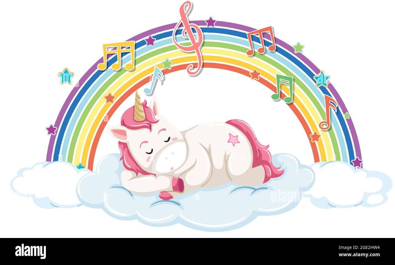 Unicorn sleeping on cloud with rainbow and melody symbol illustration ...