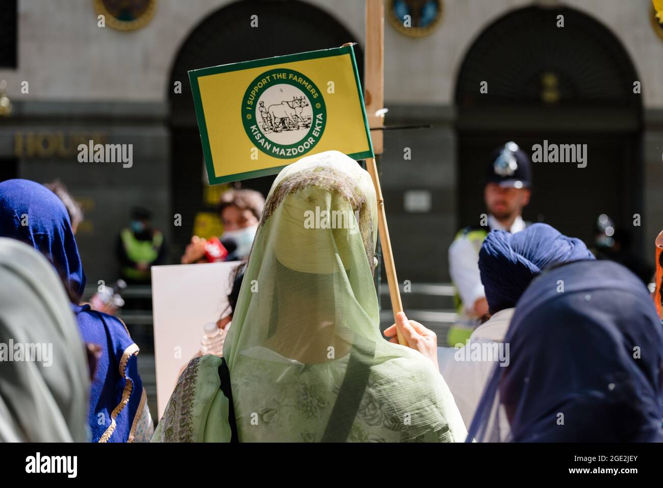 London, UK. 15 August 2021. Indian farmers protest outside India High Commission In solidarity with farmers from Punjab and across India. Stock Photo