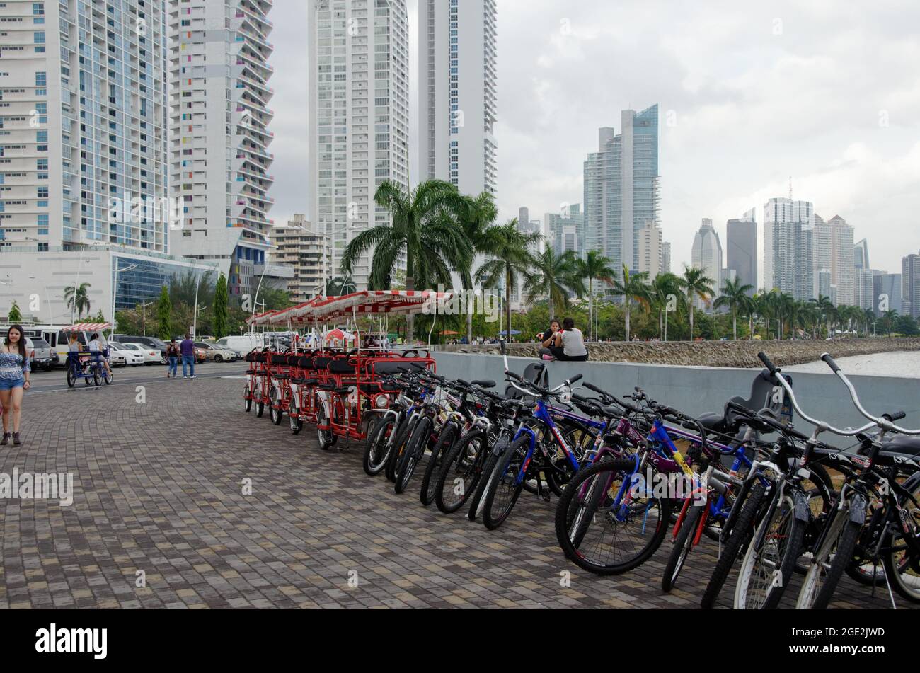 A row of rental bicycles, coastal belt, Panama City, Central America Stock Photo