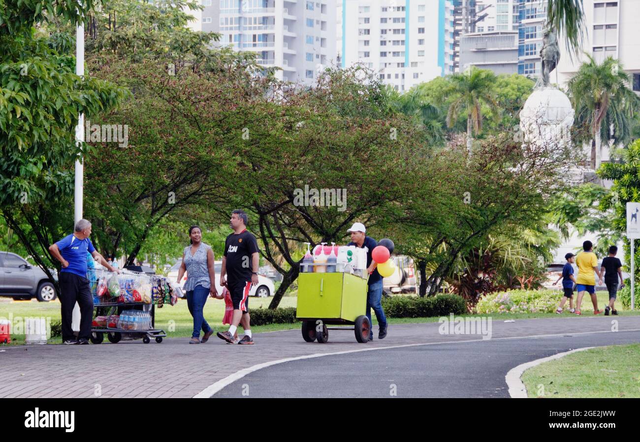 Cold drinks vendor hawker moving their staff by the Mirador, Panama City, Panama, central America Stock Photo