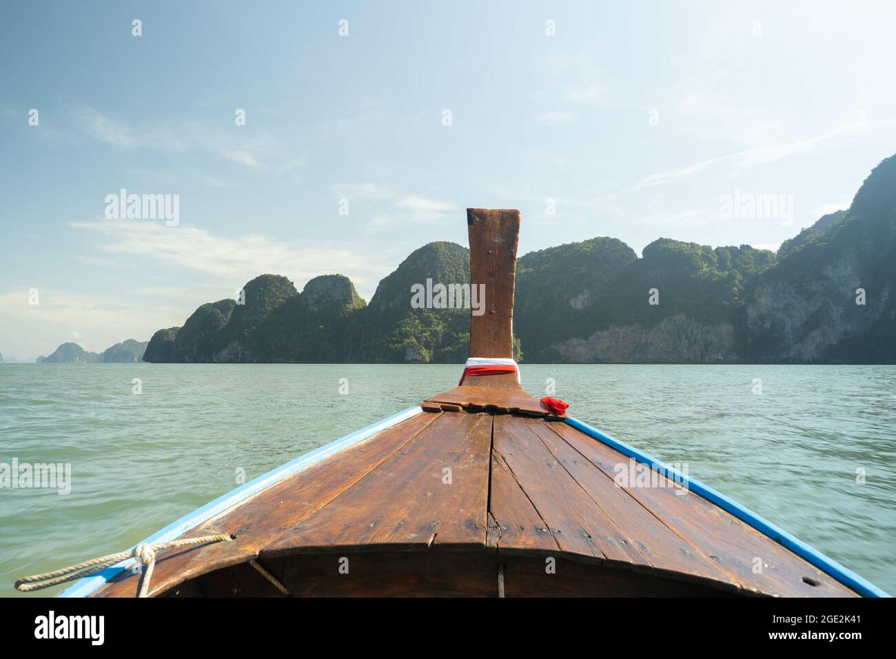 Scenic view of a wooden boat against Ao Phang-nga National Park in Kalai, Thailand Stock Photo