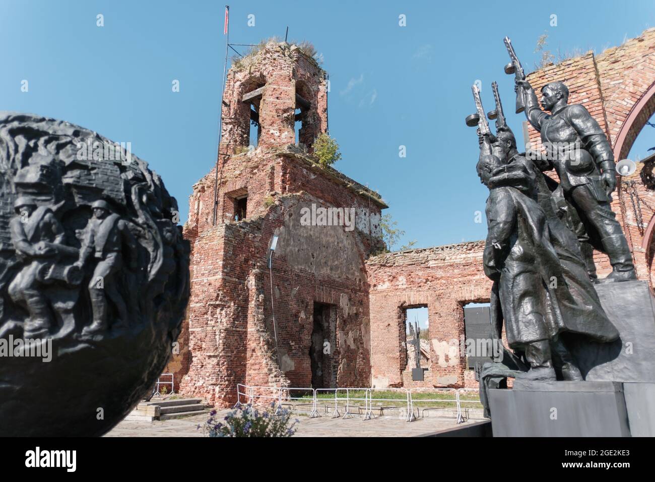 Monument to the defenders of the fortress Oreshek and the ruins of St. John's Cathedral. Stock Photo