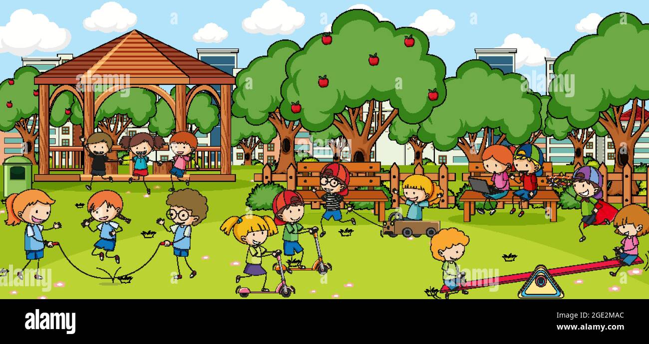 Outdoor scene with many kids playing in the park illustration Stock ...