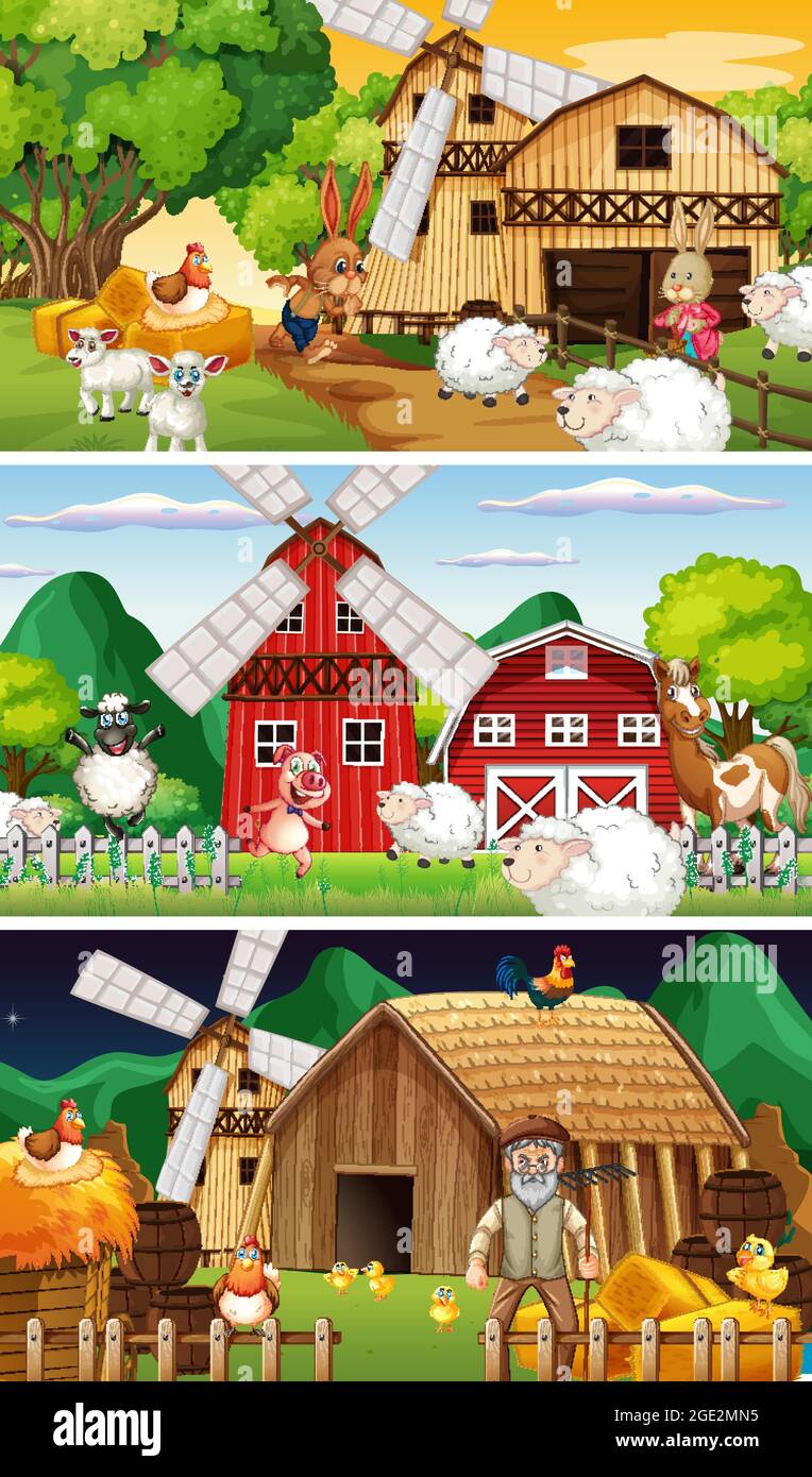 Different farm scenes with old farmer and animal cartoon character ...