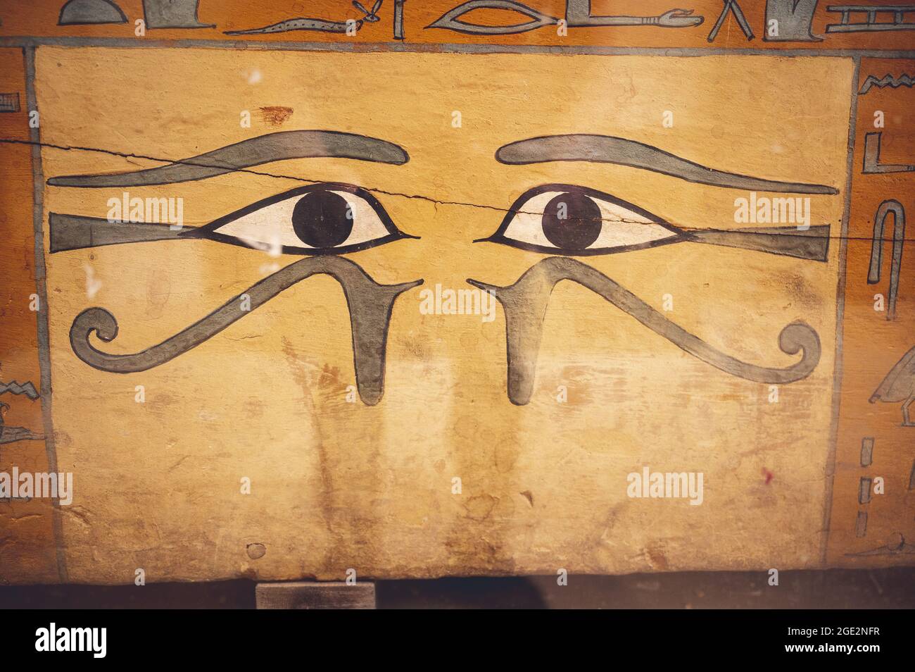 CAIRO, EGYPT - Jun 06, 2021: An ancient Egyptian stone surface in the Egyptian Museum in Cairo with the eye of Horus and hieroglyphs on it Stock Photo