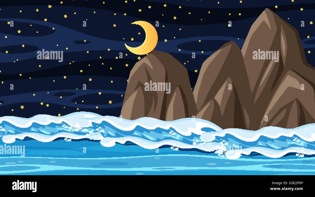 Beach landscape at night scene with ocean wave illustration Stock ...