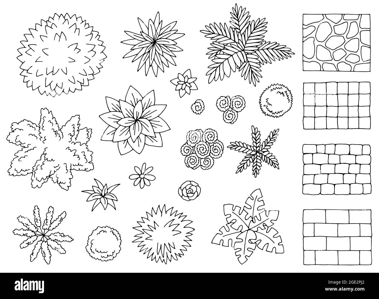 Landscape architect design element set graphic black white top sketch aerial view isolated illustration vector Stock Vector