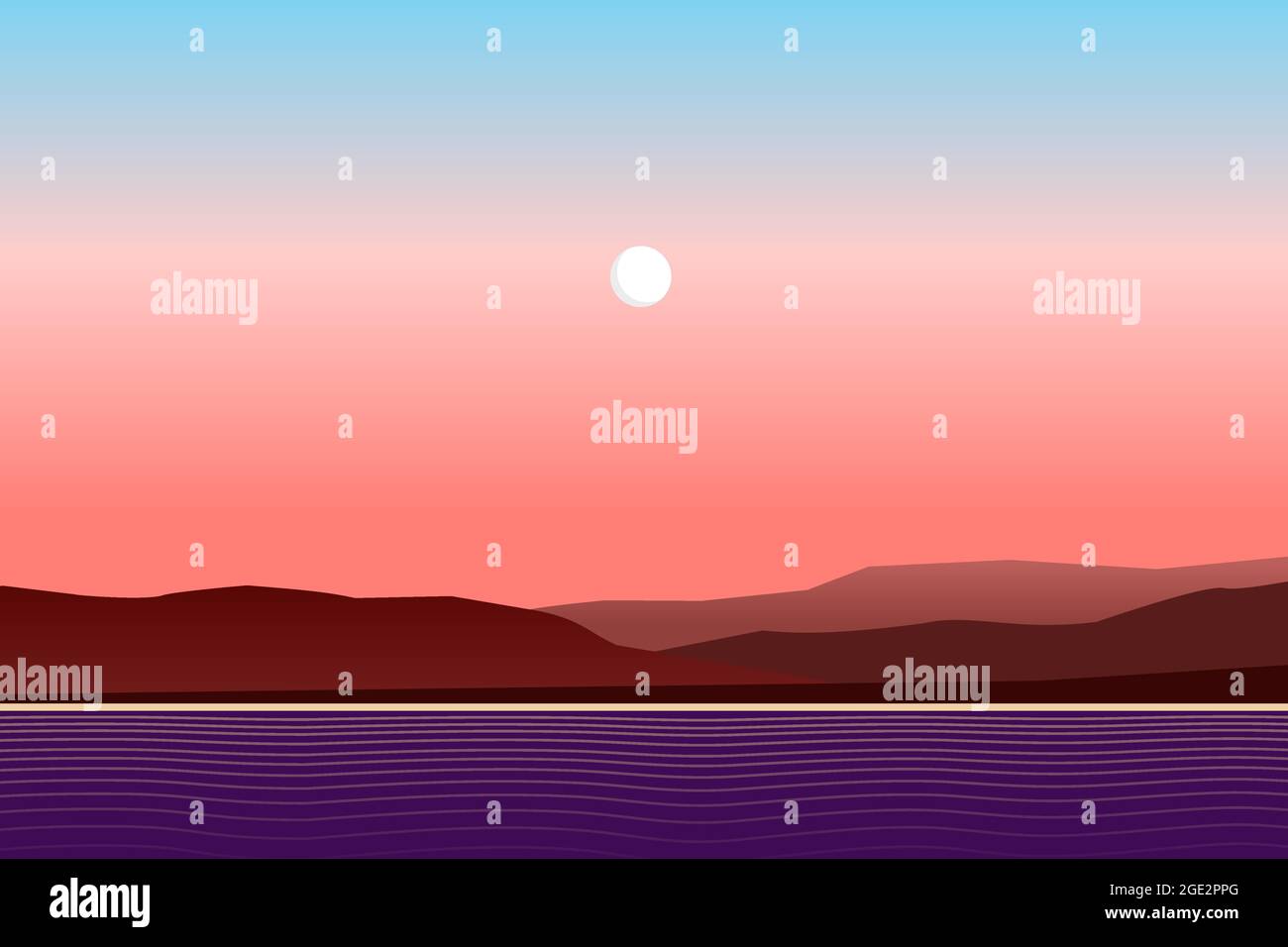 Minimalist red moonlight landscape with ocean, hills, beach and sky. Simple geometric dawn scenery. Full moon above cost. Sunrise panorama with sea Stock Vector