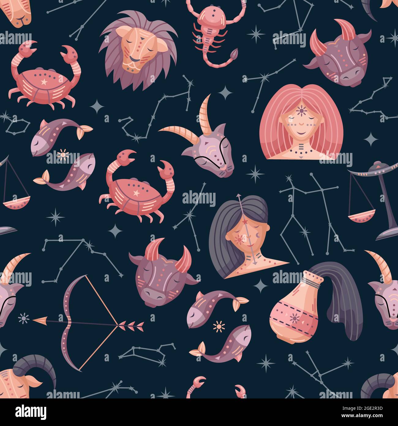 Flat vector astrology seamless pattern with zodiac signs Stock Vector