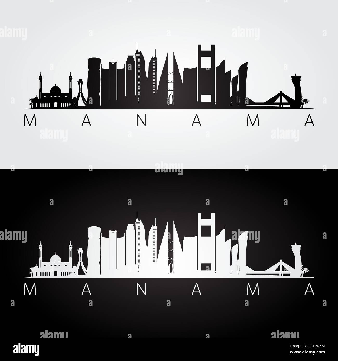 Manama skyline and landmarks silhouette, black and white design, vector