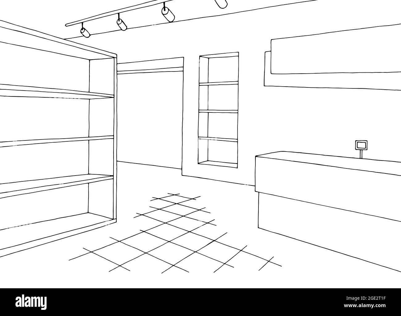 Empty store shop interior black white graphic sketch illustration vector Stock Vector