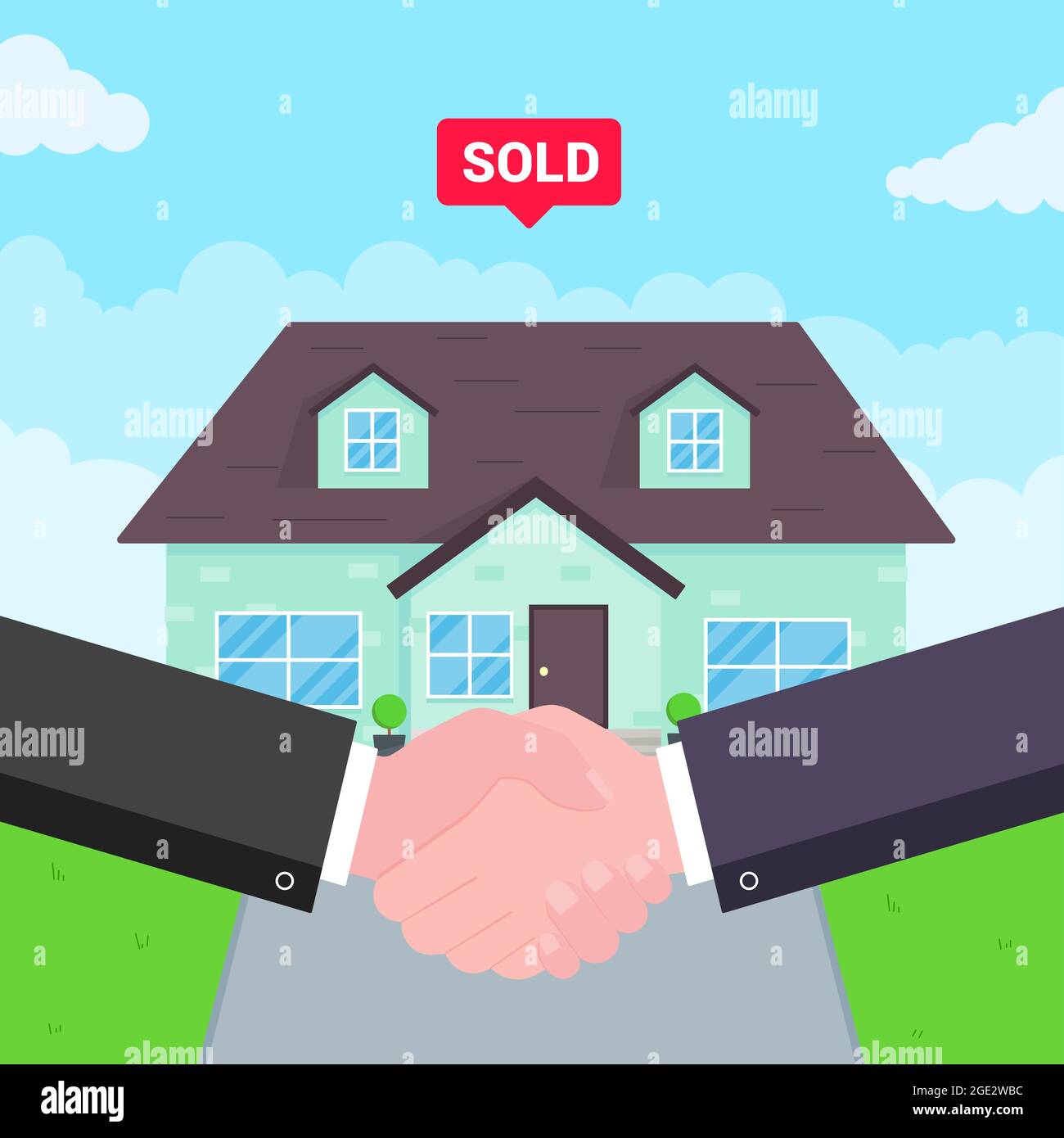 Buying new house on sale. Two hands shaking, big deal agreement flat style vector illustration. Stock Vector
