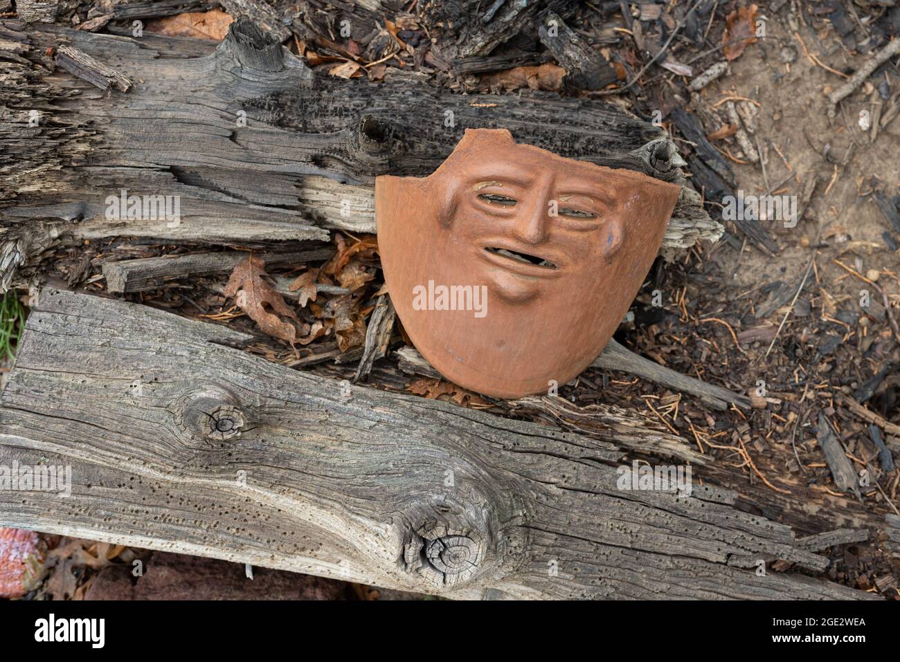 A discarded broken clay mask lying on on the ground atop a rotting log, dried leaves and twigs. Stock Photo