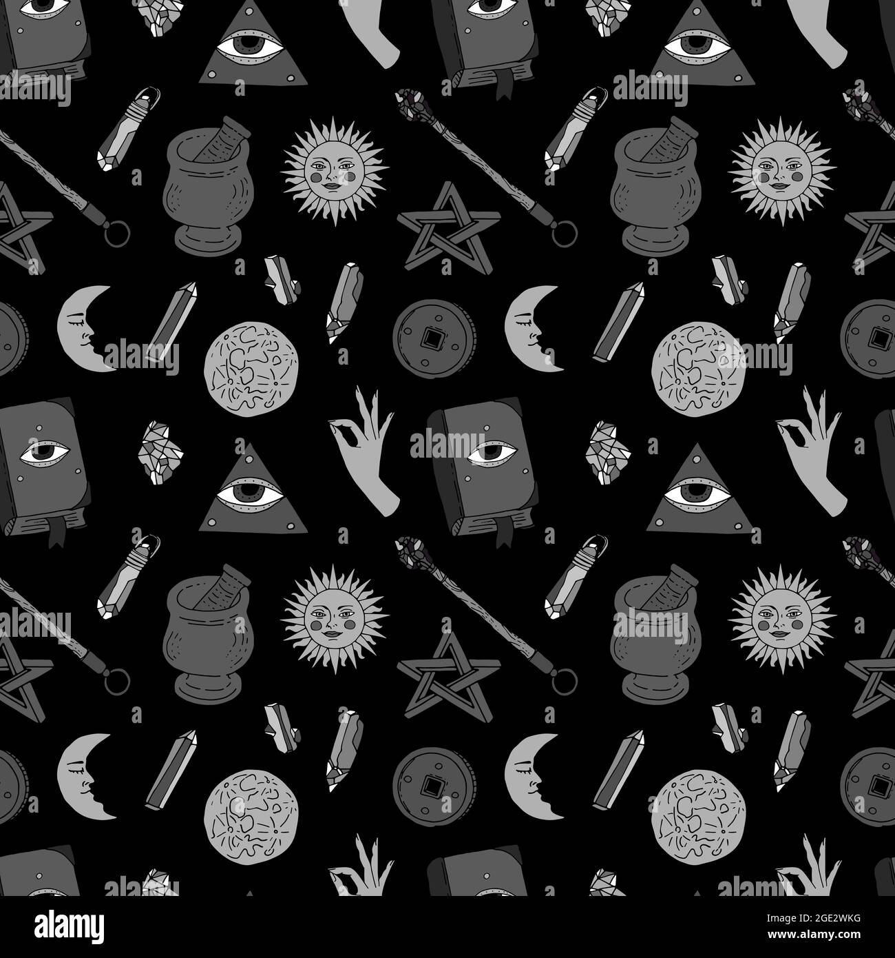 https://c8.alamy.com/comp/2GE2WKG/seamless-pattern-with-hand-drawn-doodle-line-art-celestial-bodies-and-magic-items-monochrome-spiritual-mystic-repeat-texture-2GE2WKG.jpg