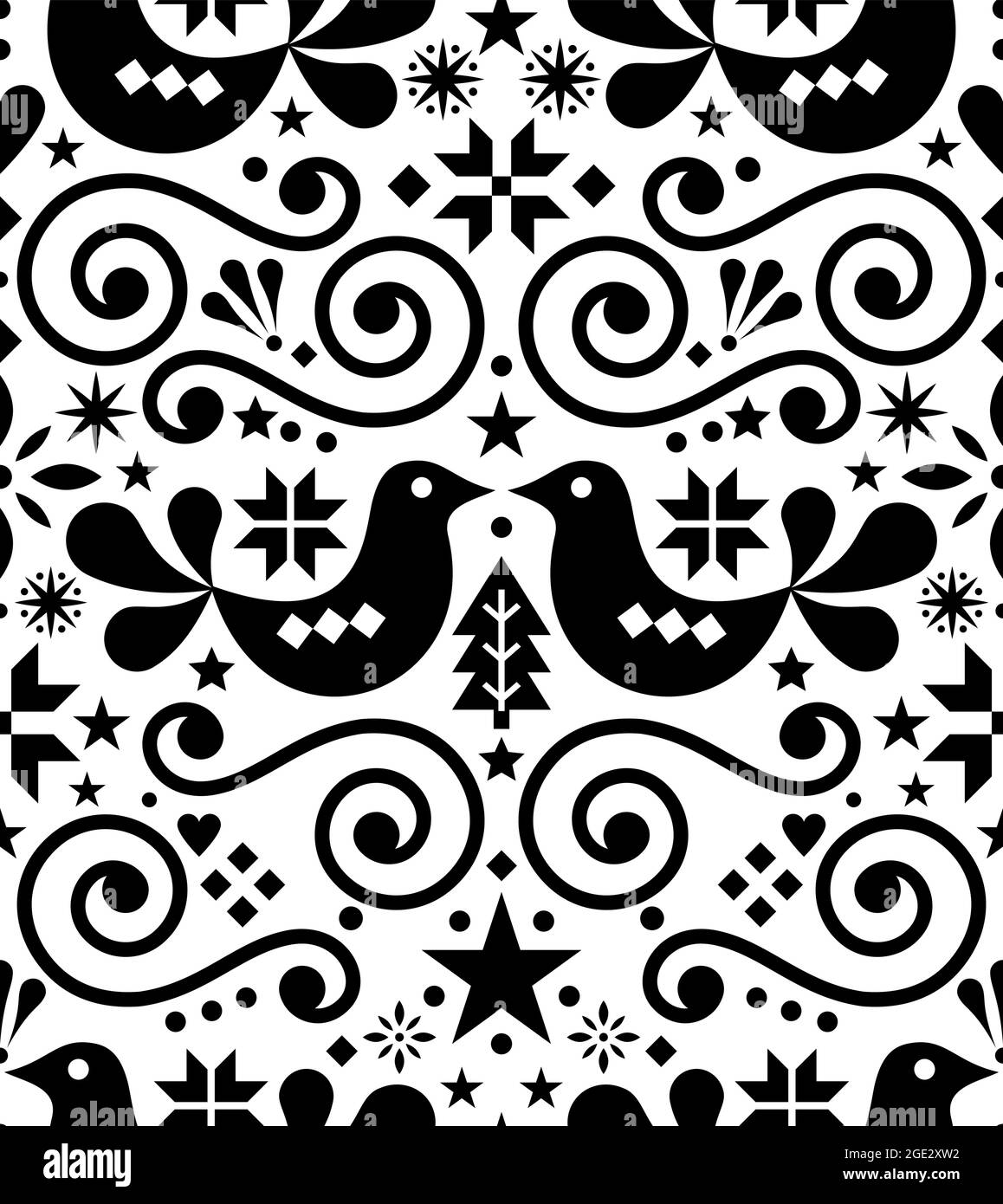 Scandinavian Christmas seamless folk vector textile pattern with birds in black and white, snowflakes, hearts and Christmas trees Stock Vector
